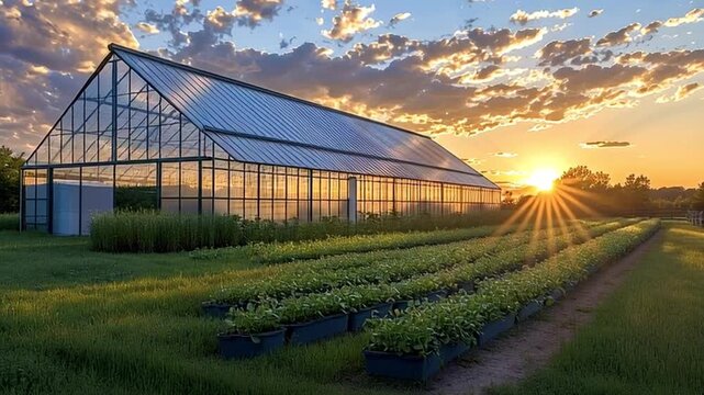 Golden sun setting over a modern glass greenhouse and rows of young plants, casting long shadows across the lush green field under a beautiful cloudy sky, symbolizing growth and agriculture