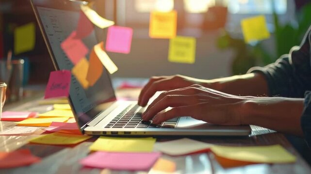 Hands typing on laptop keyboard with many sticky notes on a productive desk