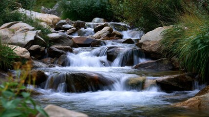 Gentle Flowing Stream Surrounded by Lush Greenery and Stones in a Serene Natural Landscape