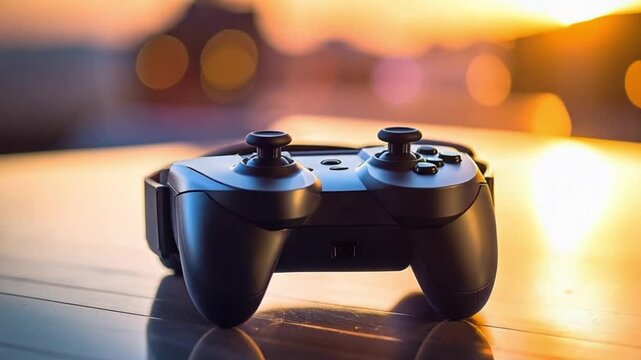 Modern black game controller with joysticks on reflective surface