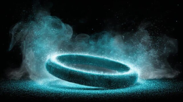 A floating ring glows with ethereal light, surrounded by smoke-like particles in a dark, mysterious setting