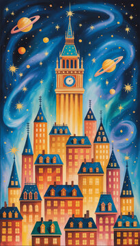 A bright vector illustration of a fairy-tale city with magical houses and a tall clock tower_02.
