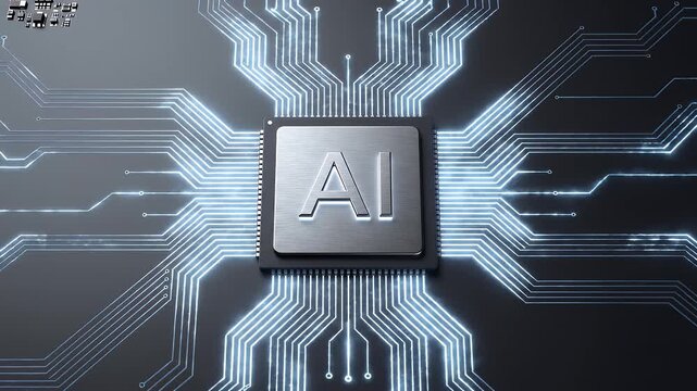 Artificial intelligence video chip processing unit on circuit board with glowing blue lines and microelectronic components