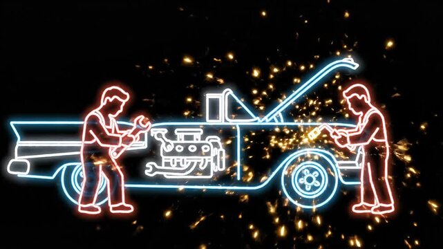 Neon Welding Sparks Scene With Car Engine Restoration.