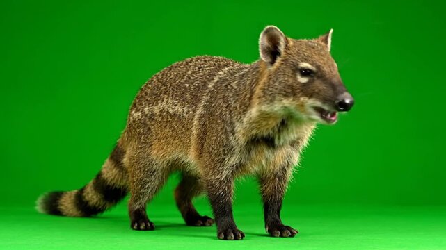 A Coati Stands on a Green Screen Background in a Studio.