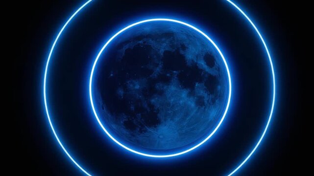 A stylized glowing moon against a dark background, framed by bright blue neon light rings