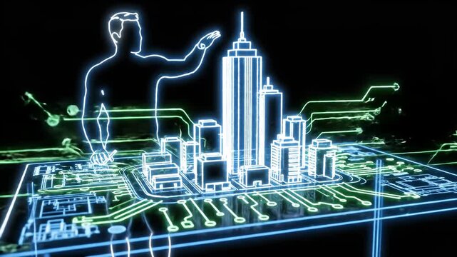 Neon Blueprint City Planning With Engineer And City Model.
