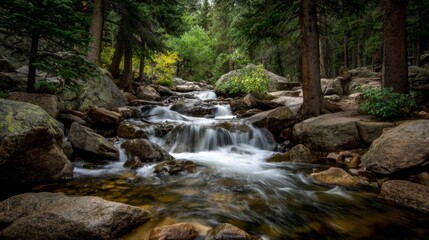 Obraz premium Tranquil Rocky Mountain Stream Flowing Over Smooth Rocks Surrounded by Lush Green Forest and Vibrant Autumn Foliage in a Natural Landscape