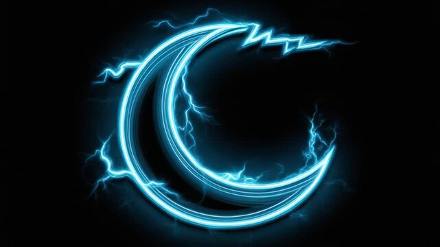 Glowing crescent moon shape with electric blue lightning against a dark, contrasting background