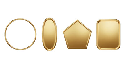 Sleek, meticulously polished golden geometric frames (circular, oval, pentagon, rectangle) isolated on a uniform transparent background, highlighting metallic gradient effect. concept of precision and