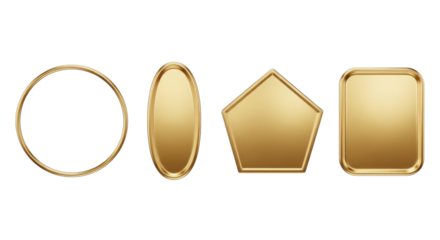 Sleek, meticulously polished golden geometric frames (circular, oval, pentagon, rectangle) isolated on a uniform transparent background, highlighting metallic gradient effect. concept of precision and