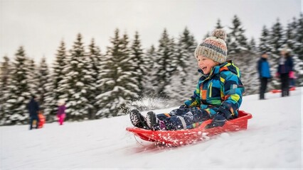 Happy boy sledding down a snowy hill during winter. Child having fun on a red sled in winter landscape. Joyful childhood activities