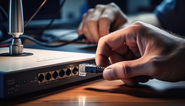 A person's hand connecting an Ethernet cable into a network switch with multiple ports.
