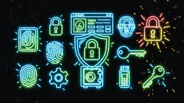 Digital Security Neon Icons Shield Lock And Keys.