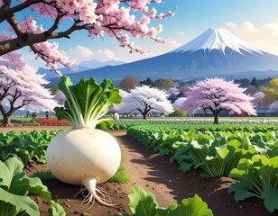 Serene landscape with a large turnip in the foreground, cherry blossoms, and distant mountain