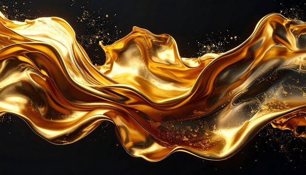 Shimmering golden fabric flows against a dark backdrop, with glints of gold dust scattering around the cloth