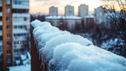 A snow covered railing on a building