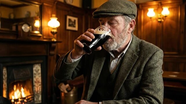 Senior man in Flat Cap drinking pint by roaring fireplace in pub, enjoying traditional beverage. Animate 202601120149 z75pw prob4