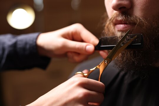 Barber trimming man's beard in barbershop, closeup