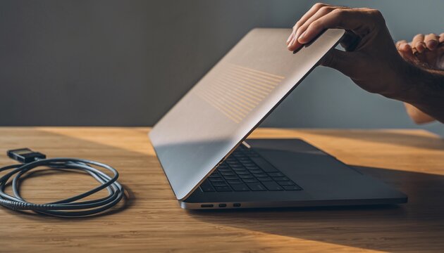 A person's hand gently closing a modern silver laptop on a wooden desk next to a coiled cable, indicating the end of work or a break.