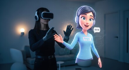 Woman interacting with digital ai avatar using vr headset. Virtual assistant and augmented reality concept for future communication technology