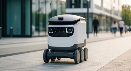 White robotic delivery vehicle operating on a sidewalk. Autonomous logistics service for urban last-mile delivery. Modern technology for future transport