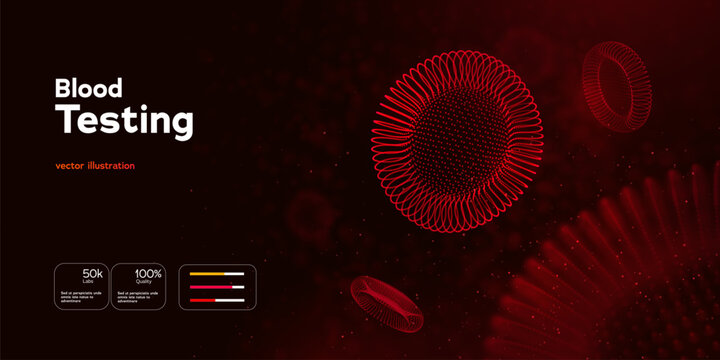 Medical Blood Analysis Concept With Glowing Red Cells On Dark Background For Healthcare And Laboratory Design. Red Blood Cells. Vector Illustration.