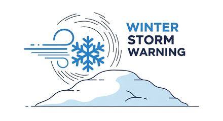 Line art illustration of a winter storm warning with a stylized snow pile, swirling wind, and a snowflake icon, symbolizing severe cold weather and potential hazards