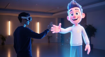 Man in VR headset interacting with his ai avatar in the metaverse. Virtual reality and digital transformation concept