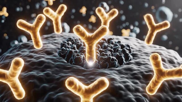 Dynamic 3D view of a glowing antibody binding to a textured cell surface in a dark scientific illustration environment