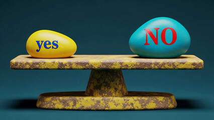 Yes and no words on different colored stones on weighing scale. Concept of choice, decision making, options, and weighing possibilities.
