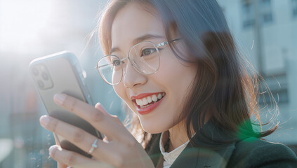 都市の反射を重ね日本人女性がスマホを操作する躍動感を描く