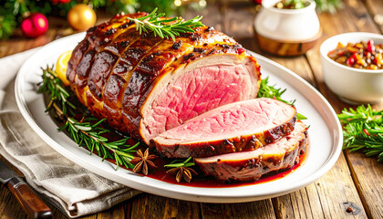 Rare prime rib roast, white serving plate, closeup. AI