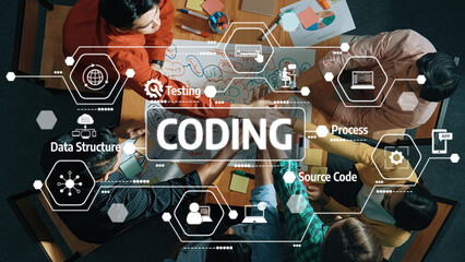 A diverse group of professionals engaging in a collaborative coding session, utilizing visual aids and diagrams to enhance teamwork and software development strategies effectively. Amity