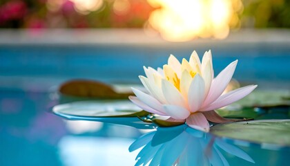 Serene lotus flower delicately rests on water with vibrant bokeh, soft sunlight, and colorful foliage in the background