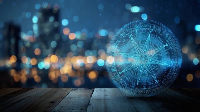 A digital compass glows over wood, city lights blur in the background. A theme of direction and guidance