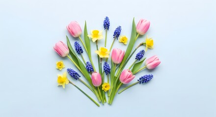 Beautiful spring flower arrangement with pink tulips yellow narcissus and blue grape hyacinths on a light gray background