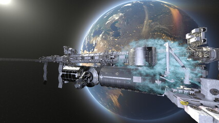 Naklejka premium 宇宙船と地球 3DCGレンダリング 