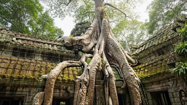 Ancient temple ruins engulfed by majestic tree roots in dense jungle