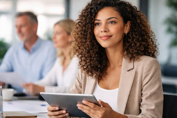 Confident businesswoman holding a tablet during a meeting, modern office environment, professional team in background, leadership, analytics, digital technology and corporate collaboration concept.