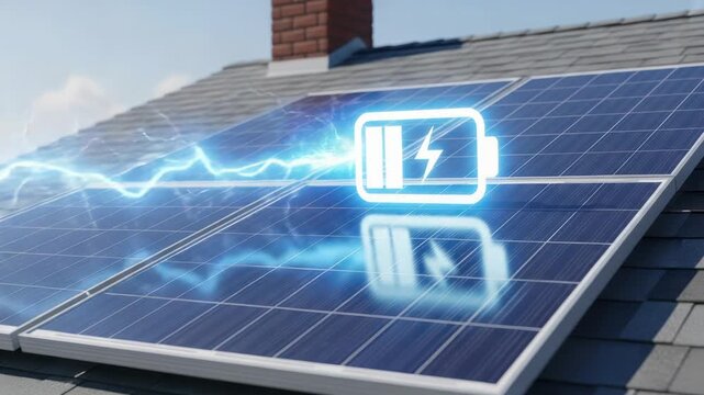Solar panels on rooftop charging battery with electric energy flow