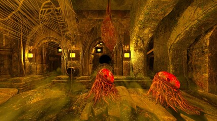 Obraz premium 奇妙な植物が生えている洞窟 3DCGレンダリング