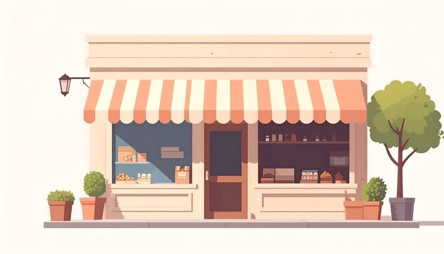 Charming small business storefront with awning and potted plants in a retail setting Generative AI