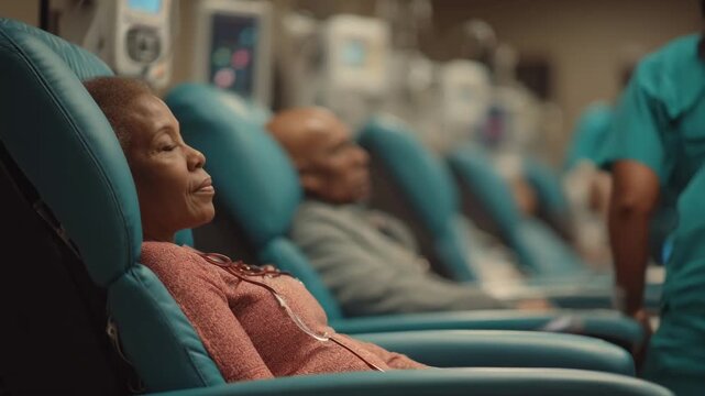Medium shot highlighting a nurse attending a dialysis patient the chair and equipment vivid with the remaining treatment row and divider panels gently blurred.