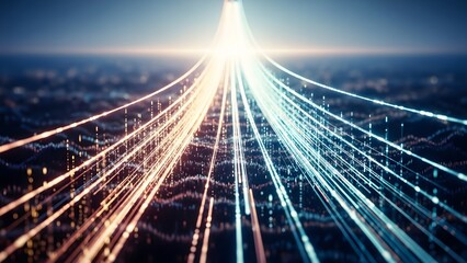 Obraz premium Abstract illustration of high-speed digital data flow and global network connection, representing modern technology and communication.