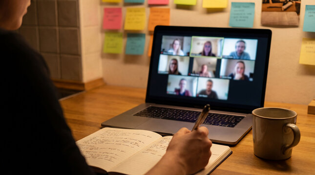 Laptop video call with accountability group goals board, notebook on table
