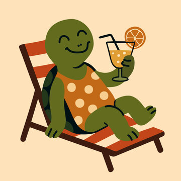 Cheerful turtle sitting on sun lounger in swimsuit and drinking cocktail. Vector isolated illustration