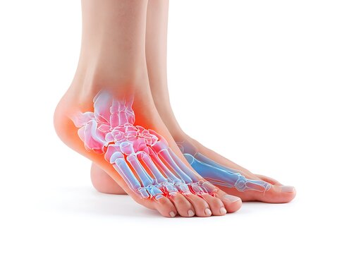3D anatomical x-ray overlay of a human foot with red inflammation zones, symbolizing chronic pain, structural misalignment, and advanced pes planus pathology.