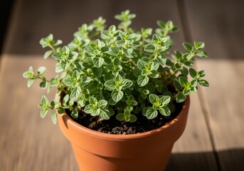 Oregano herb plant growing in terracota pot on wooden table 