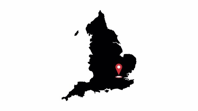 England map with red pin location. 4K animation